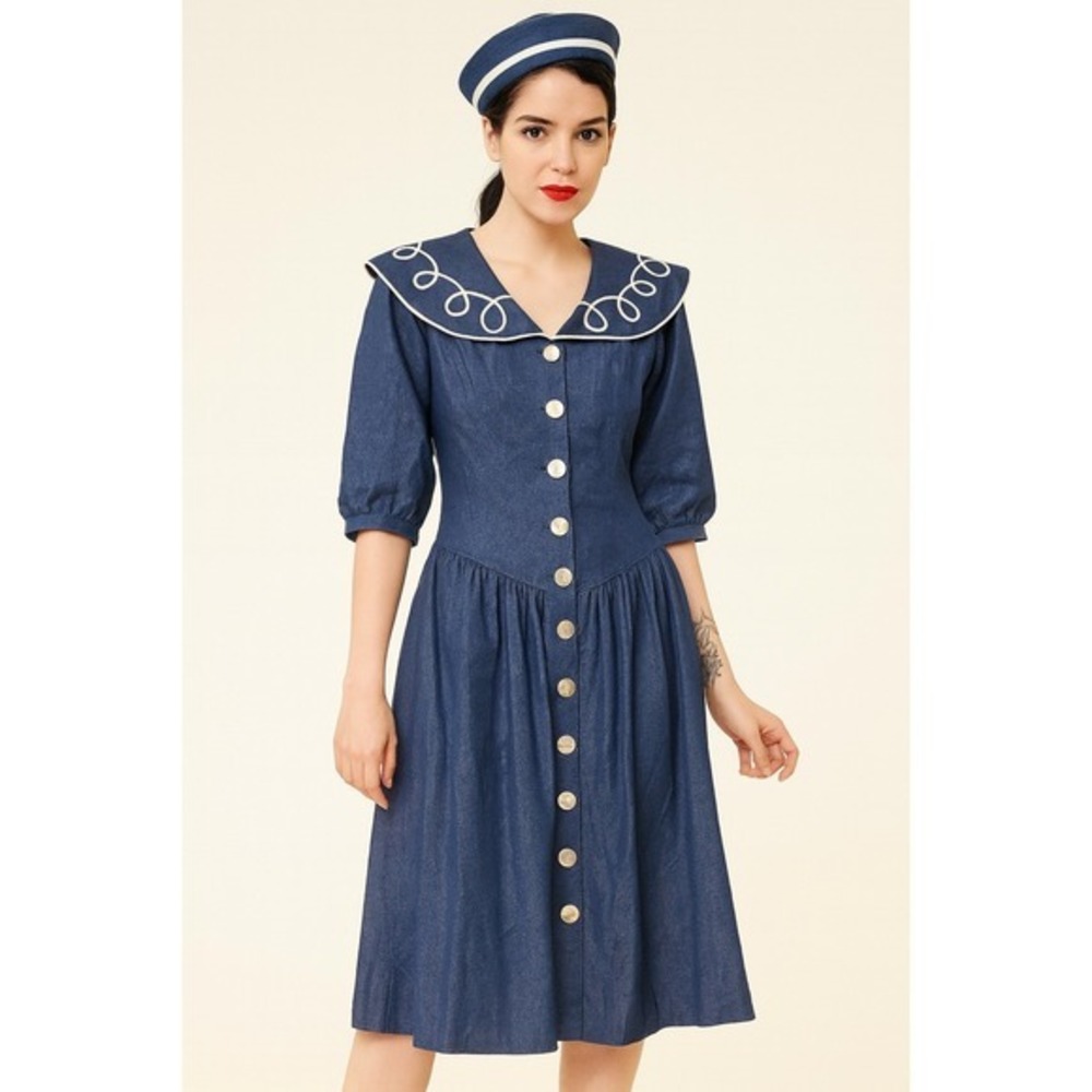 Vintage 80s Navy Blue Sailor Midi Dress with White Accents Medium